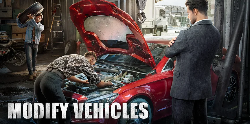 Een monteur werkt aan de motor van een rode auto in een garage, bekeken door een man in pak met gekruiste armen. Een andere persoon draagt een band. De tekst luidt "Voertuigen Wijzigen."