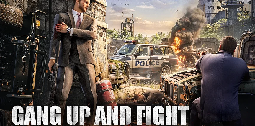 Een gespannen stedelijke strijdscène toont twee gewapende mannen in pakken te midden van omgevallen voertuigen en een brandende politieauto. De tekst zegt "GANG UP AND FIGHT," wat actie uitstraalt.